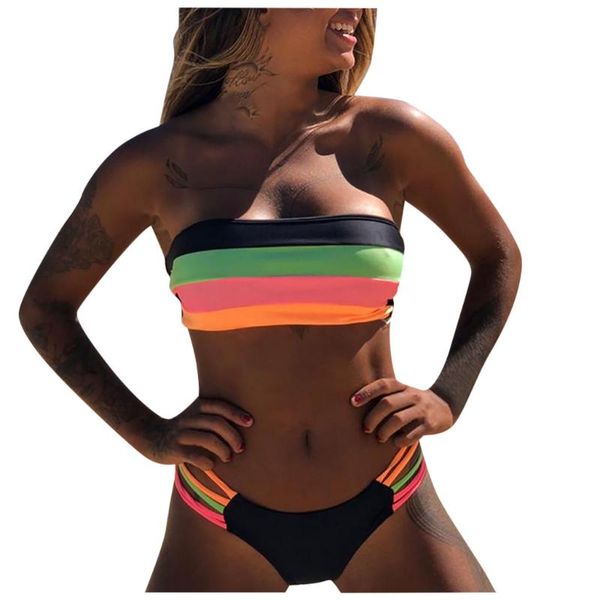 

summer swimsuit bandeau rainbow striped brazilian bikini set two piece push up padded bra swimwear ladies low waist biquini, White;black