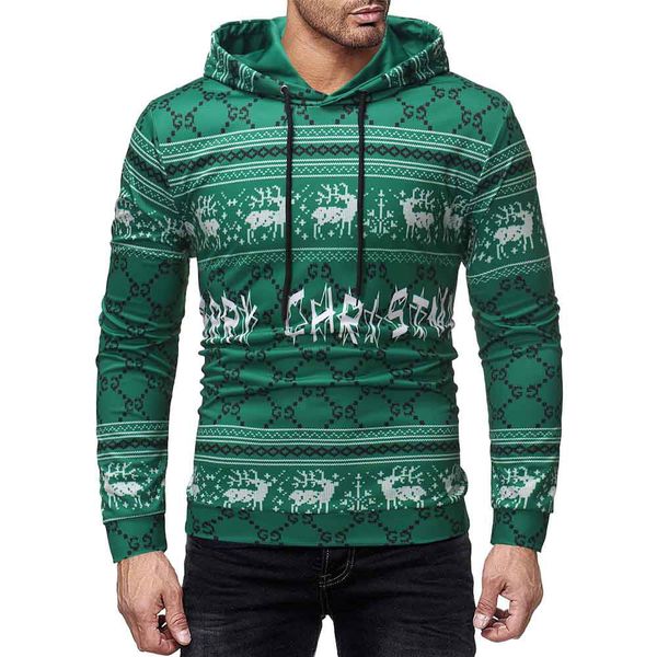 

winter men hooded sweatshirts pullover funny christmas reindeer 3d print green party long sleeve men hoodies clothes, Black