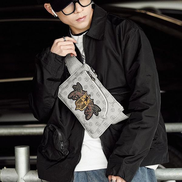 

Factory wholesale men handbag exquisite embroidery fashion pockets street fashion printing men and women Messenger bags outdoor leisure shou, Grey