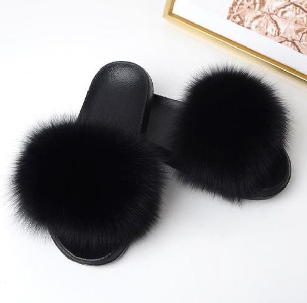 

2019 women summer slippers flat fox fur slippers nature real fur beach flat slides beach sandals lady plush furry slides, Black