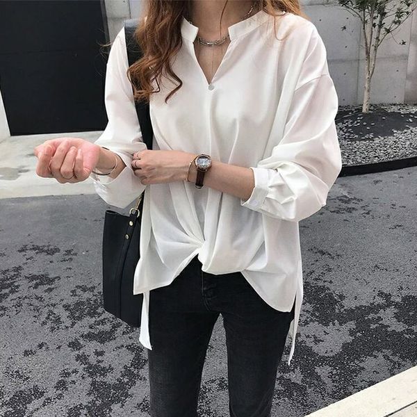 

women's chiffon v-neck solid long sleeve loose bf blouse female irregular ruffles casual summer blouse 2020 lady split, White