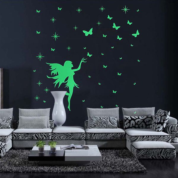 

new fashion creative diy glow in the dark space stars butterfly girl dance luminous pvc wall sticker