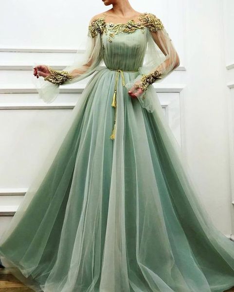 2019 nuovi abiti da sera a maniche lunghe in tulle verde plus size abiti da ballo per feste Elie Saab abiti da cerimonia lunghi economici una linea da sera