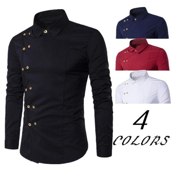 

men long sleeve turn down collar diagonal double-breasted buttons cotton shirt, White;black