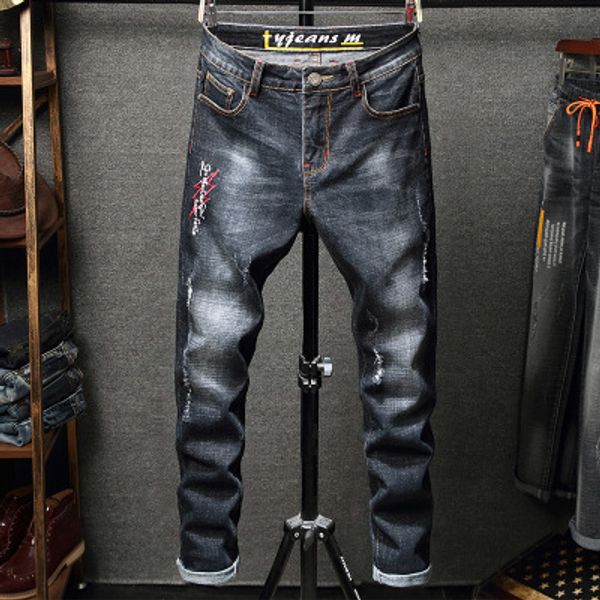 

2020 men's jean's designer jeans new elastic embroidery hole straight tube wash jeans youth pants men jean's, Blue