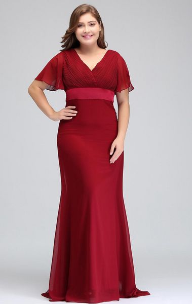 

dark red occasion dresses with short sleeves v neck pleats chiffon formal evening prom gowns plus size mother of the bride dresses, Black;red