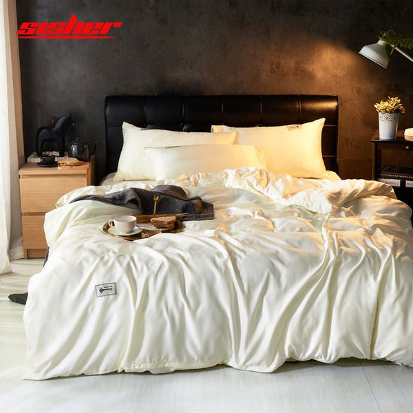 

sisher brief soild luxury duvet cover white set king size quilt covers bedding set flat bed sheet single  bedclothes linen