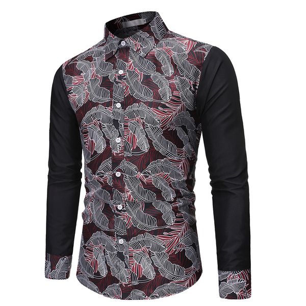 

3d leaf printed patchwork shirt men 2019 brand slim fit long sleeve mens dress shirts party wedding tuxedo shirt male camisas, White;black