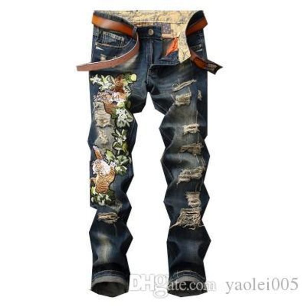 

new fashion hole jeans trend style embroidery tiger slim tide pants middle waist straight casual trousers, Blue