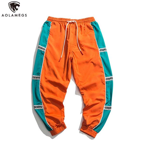 

aolamegs pants men block hit color pocket pants male fashion track trousers elastic waist high steet loose sweatpants streetwear, Black