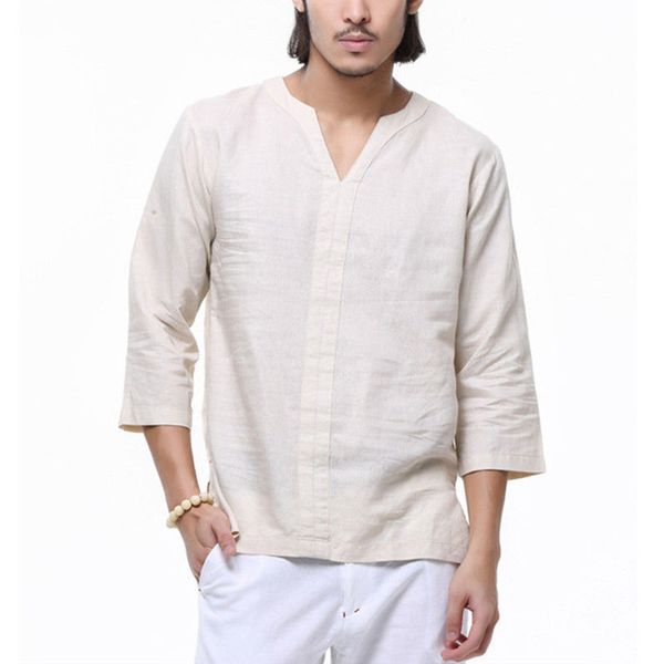

new solid men's v-neck casual shirt solid 3/4 sleeve cotton shirt comfortable sylish men loose pullovers clothing men, White;black