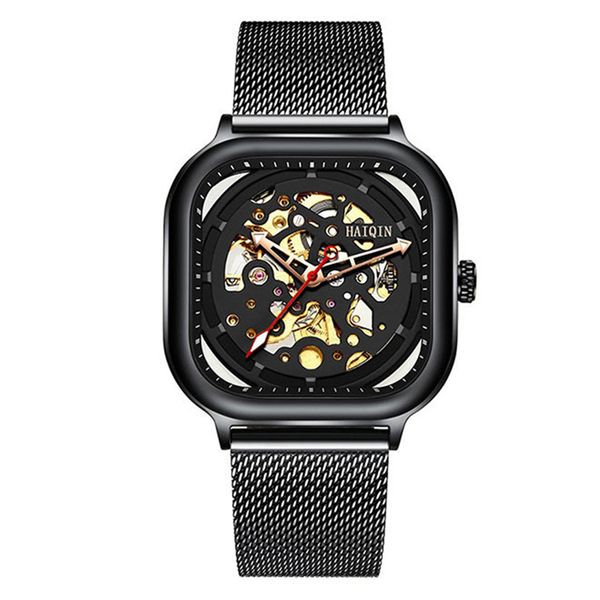 

haiqin fashion men mechanical square skeleton watches man wristwatch waterproof men clock male zegarek sportowy, Slivery;brown