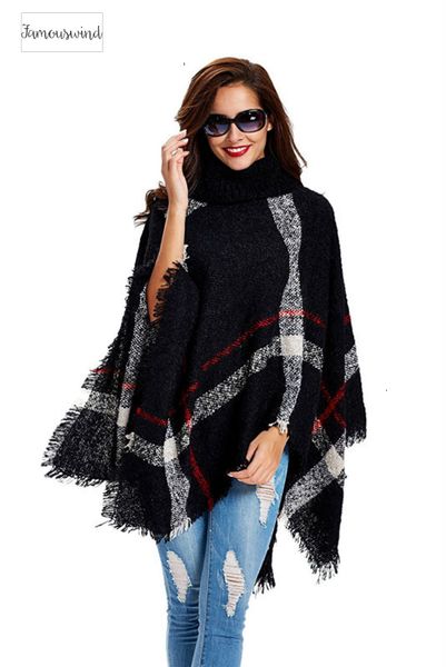 

11th,nov plus size women's wool plaid cardigan turtleneck cape batwing sleeve knit poncho sweater drop shipping, White;black