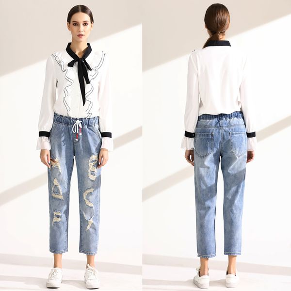 

2019 spring women denim harem pants loose elastic ropern holes jeans blue 5029