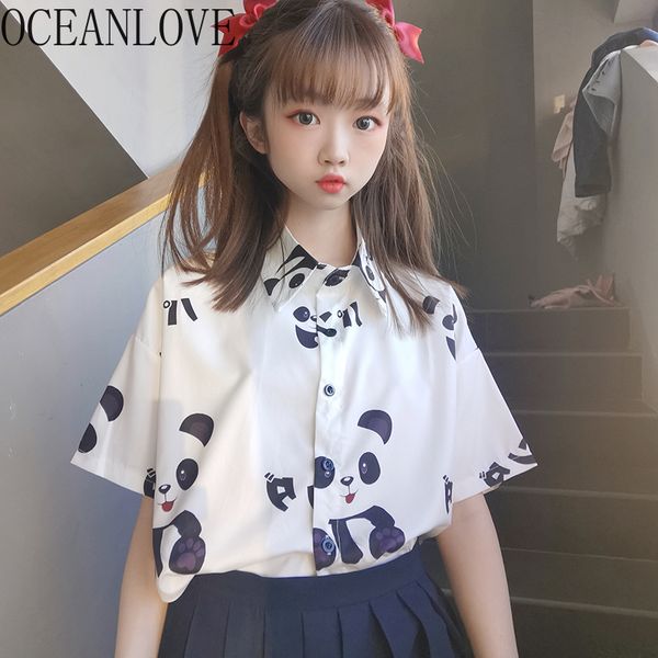

women's blouses & shirts oceanlove print animals kawaii women short sleeve sweet 2021 blusas mujer spring summer chiffon 14878, White