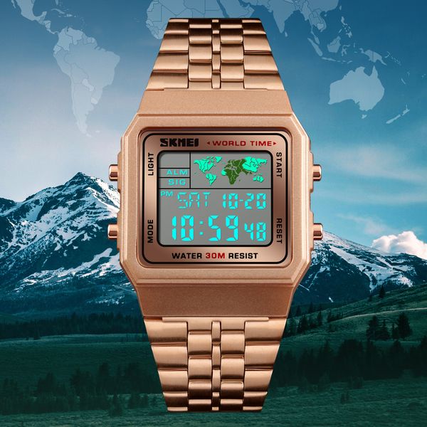 

skmei mens watch reloj digital hombre watch men military waterproof golden watch stainless steel fashion electronic wristwatches, Slivery;brown