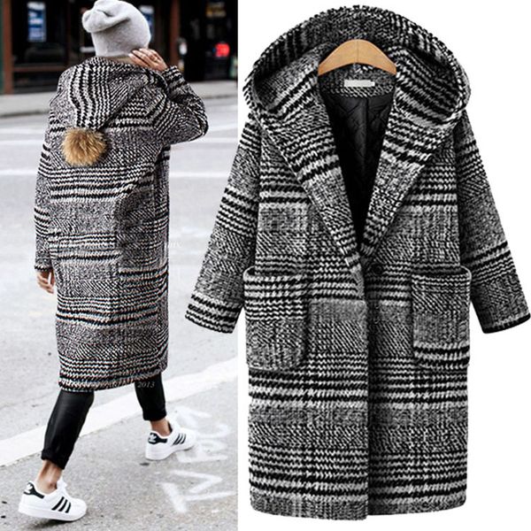 

women wool plaid long hoodies coat long sleeve woolen overcoat loose outwear female winter autumn trench blends coats jackets, Black