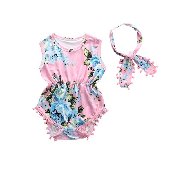 

sleeveless floral tassle baby bodysuit for girls, White