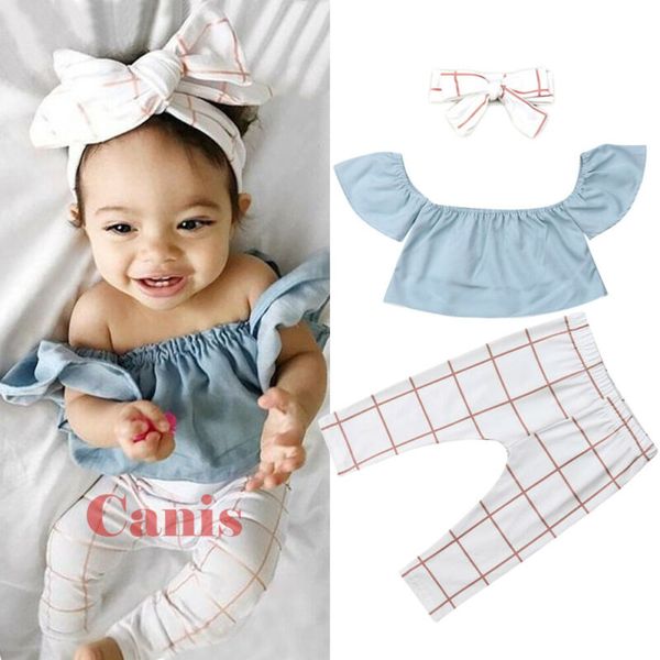 

pudcoco brand new 3шт детские ребёнки летняя одежда crop топы клетчатые брюки и джинсы поножи наряды set, Pink;blue