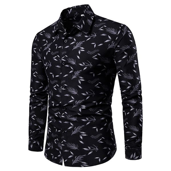 

spring summer men shirt slim fit casual button pattern stand collar long sleeve printed shirt blouse turn-down collar c0502, White;black