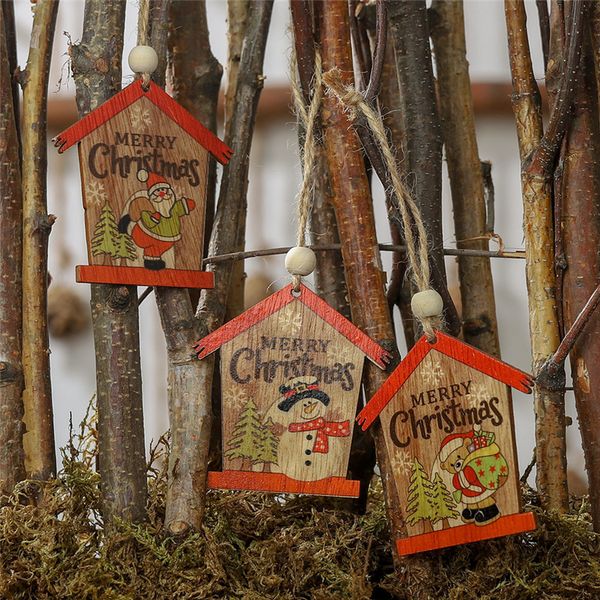 

diy christmas tree hanging ornaments xmas new year christmas wooden small house pendant coloured drawing santa claus elk house