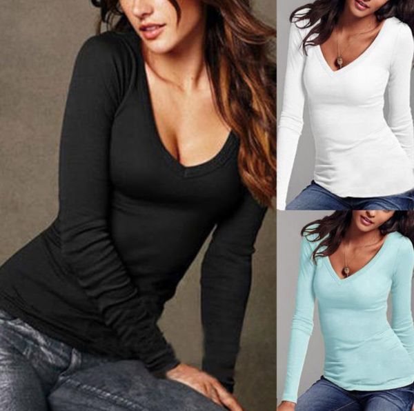 

women long sleeve t-shirt v-neck slim fit warm autumn spring basic t-shirts, White