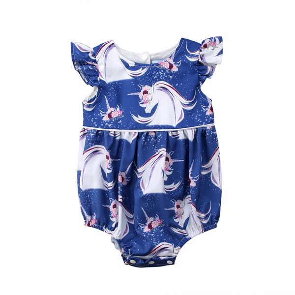 

2018 new fashion Newborn Baby Girl Floral Unicorn Fly Sleeves Jumpsuit Bodysuit Outfit summer print blue lovely cute wild CH