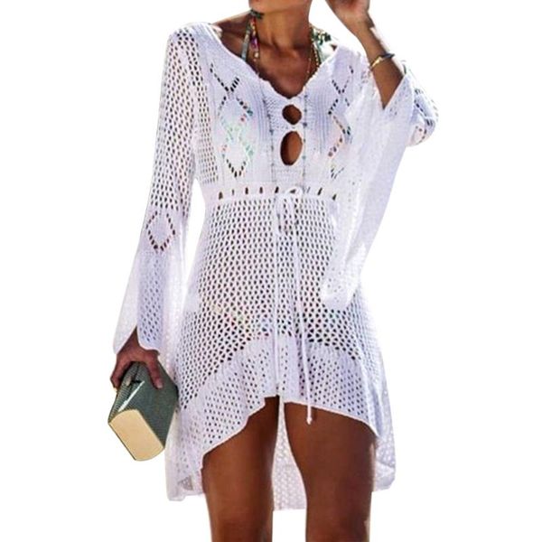 

2020 women crochet knitted cover up dress beach tunic long pareos bikini cover bathing suits beachwears robe plage