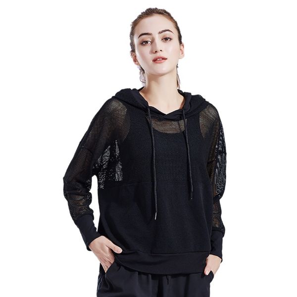 

loose casual hooded sports blouses breathable women's running yoga exercise clothes long sleeves, Black;red