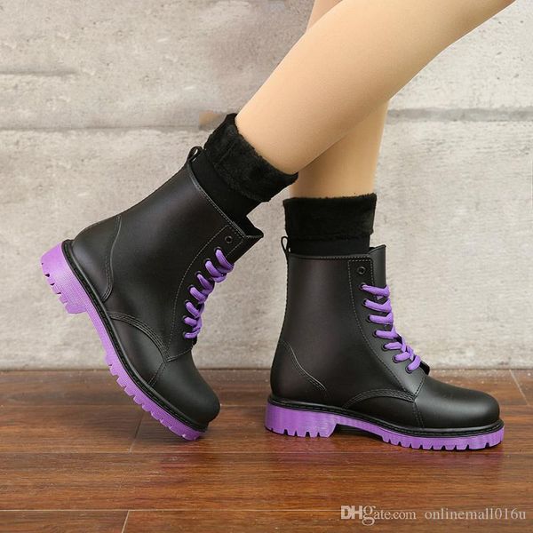 

2018 rain boots waterproof shoes woman water rubber lace up martin boots sewing solid flat with shoes, Black;red