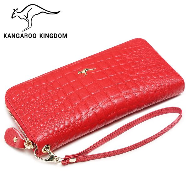 

kangaroo kingdom fashion women wallets genuine leather long zipper clutch purse card holder wallet, Red;black