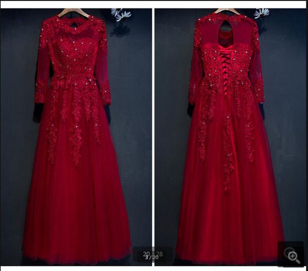 

2019 attractive wholesale wine lace tulle beaded evening dress appliques hollow back long sleeve prom party evening gowns on sale, Black;red