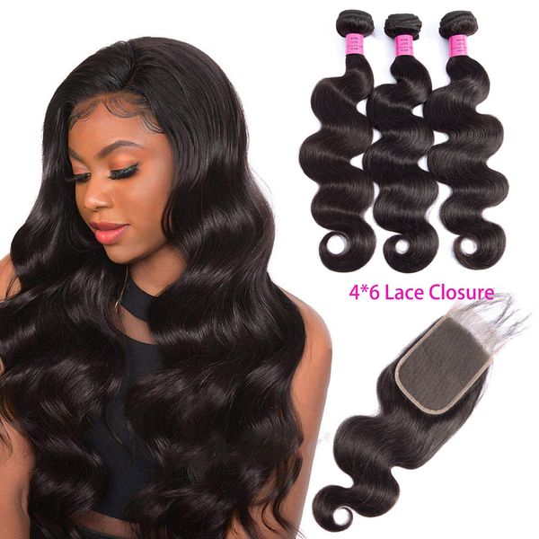 

brazilian virgin hair three bundles with 4x6 lace closure body wave human hair wefts with 4x6 closure natural color, Black;brown