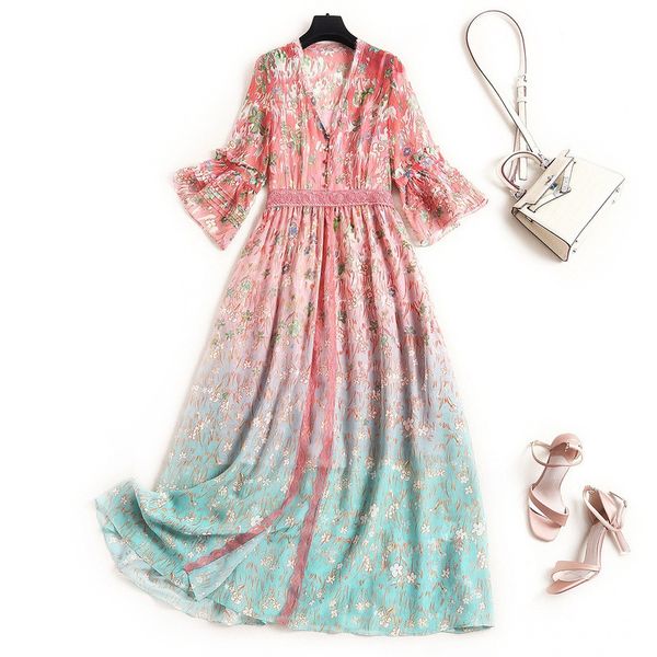 

2020 summer women high end elegant v neck 3/4 flare sleeves floral printed stitching lace long maxi mulberry silk chiffon dress, Black;gray