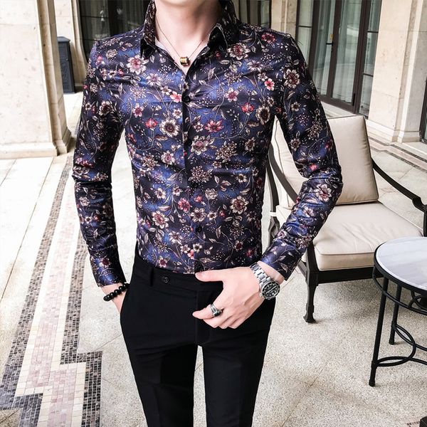 

floral shirt men slim fit long sleeve casual male shirts digital print night club prom tuxedo shirt blouse homme, White;black