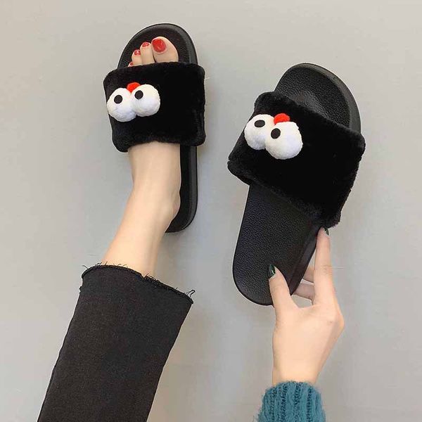 

hkxn autumn fuzzy slippers winter women slipper cute cartoon big eyes ugly cute plush home cotton slippers warm, Black