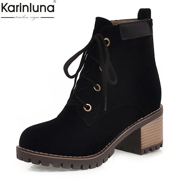 

women's fashion 2020 big size 43 chunky heels ankle boots women shoes shoelaces add fur shoes woman boots female, Black