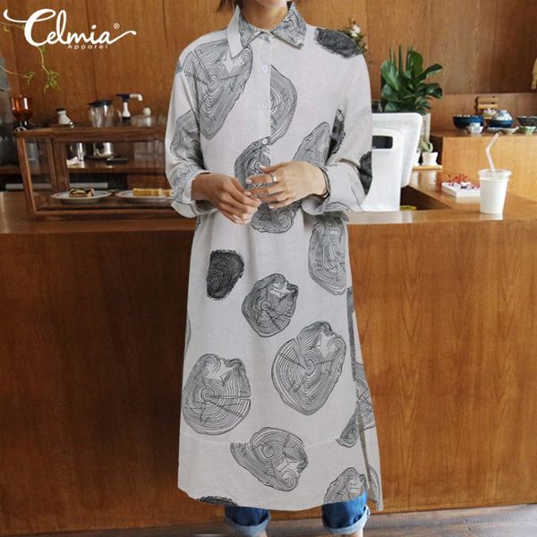 

2020 autumn vintage linen shirt dress fashion women's long printed dresses lapel plus size long sleeve vestido office dress 5xl, Black;gray
