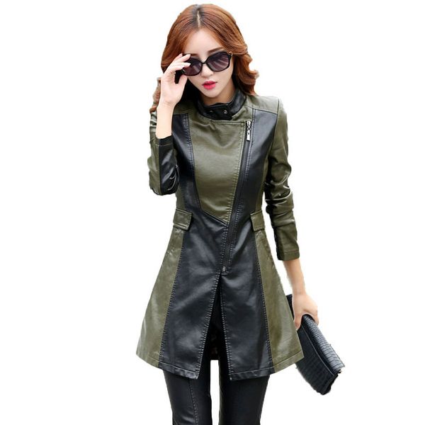 

motor vehicle spring leather jacket 2020 women autumn plus size slim ladies long outerwear womens leather trench coat female 5xl, Black