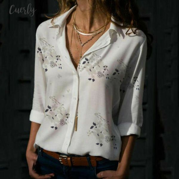 

women long sleeve turn down collar loose shirts ol ladies plain floral casual button blouse plus size, White