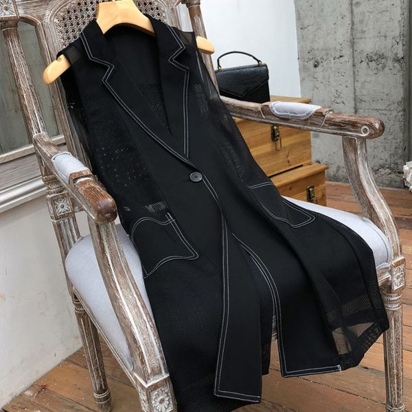 

women's mesh spliced sleeveless coat single button solid notched feminine clothing 2019 autumn black fashion ladies cloth, Black;brown