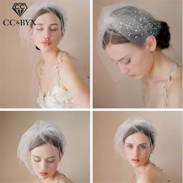

cc jewelry veil hats short bride tiara wedding hair accessories for women bridal bridesmaids handmade party fine romantic v005, Golden;white