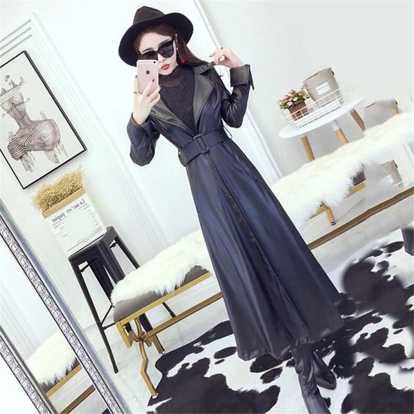 

черный и красный цвета длинные весна толстые женщины кожа пальто с длинным рукавом талии ремень карман куртки женский nz19.9-200, Black