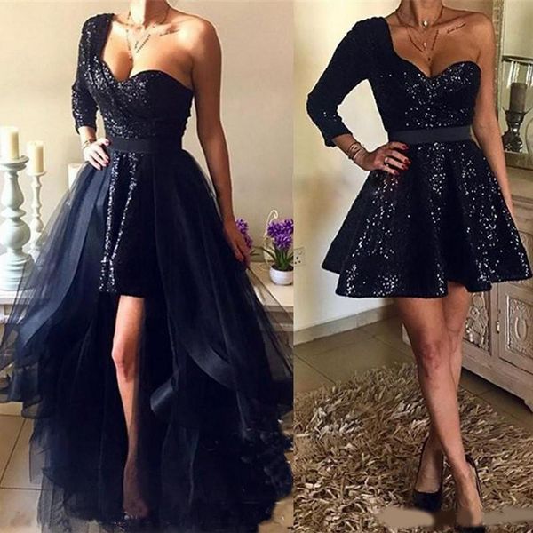 

2020 charming navy sequins fabric detachable train prom dresses sweetheart one shoulder with long sleeves ruffles party dress, Black