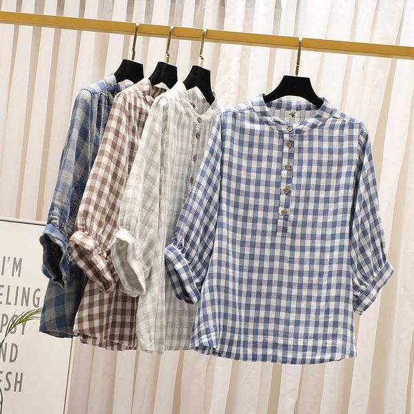 

japanese style plaid cotton linen brief 3/4 sleeve shirt vintage women summer loose, White