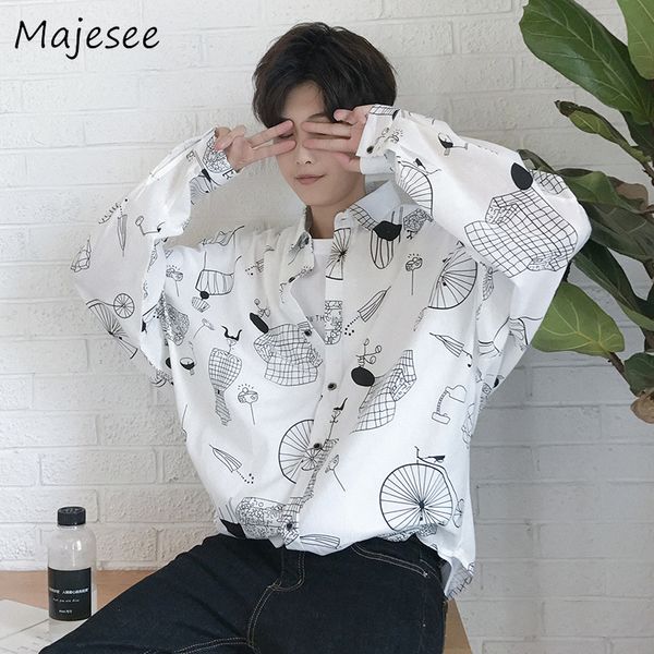 

ulzzang harajuku men shirts long-sleeved mens shirt breathable summer retro loose thin male students fashion korean style chic, White;black