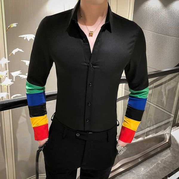 

2020 мужская весна осень длинные рукава рубашки вскользь платья slim fit streetwear club tuxedo личность лоскутная дизайн мужчины рубашка, White;black