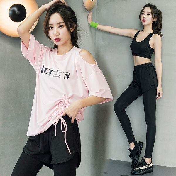 

лето новый стиль йога спорт женский костюм шнурок с коротким рукавом повседневная спортивная быстросохнущая одежда из четырех частей комплек, White;red