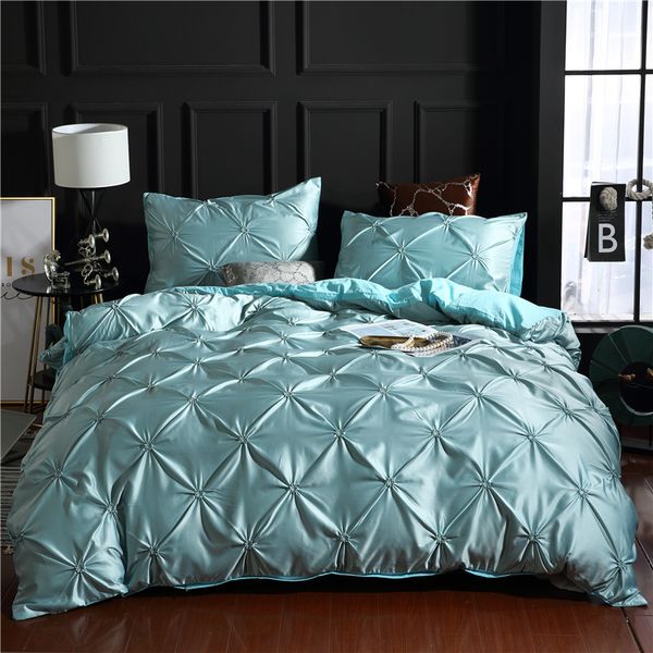 Blue Luxury Super Soft Washed Silk Duvet Cover Set Pinch Pleat