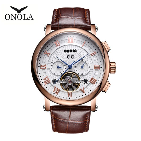 ONOLA Brand business multifunction automatic mechanical watch male big dial leather orgin steel waterproof rose gold watch man